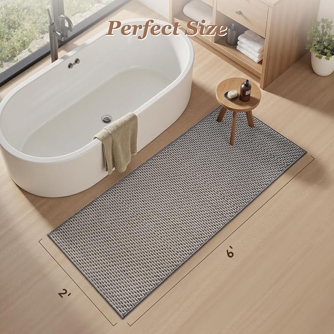 AMOAMI Unique Woven Bathroom Runner Rug, Super Absorbent Non Slip Bath Mats for Bathroom Textured Bathroom Mat Quick Dry Boho Rugs Runners for Hallyways Kitchen Bedroom Beside Tub, 2' x 6', Grey