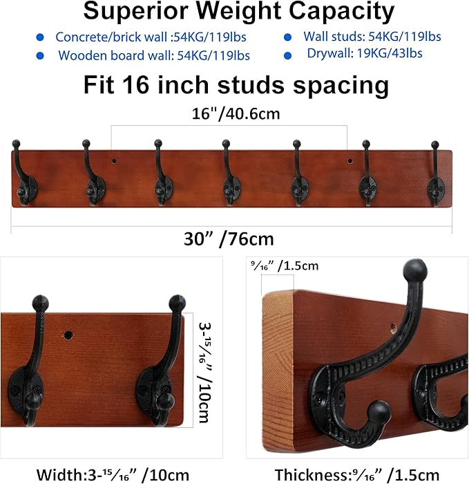 WEBI Rustic Coat Rack Wall Mount,30" Long 7 Cast Iron Coat Hooks Wall Mounted,Heavy Duty Wood Wall Coat Hanger Hooks for Hanging Coats,Jacket,Clothes,Backpack,Farmhouse,Cherry