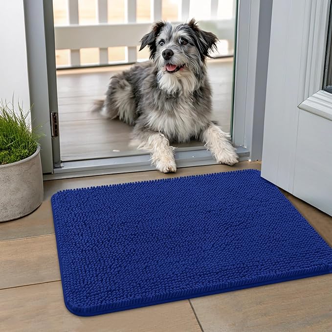 Smiry Dog Door Mat for Muddy Paws 24x16, Absorbent Dirt Trapper, Non-Slip Washable Chenille Entryway Rug for Inside Floor, Royal Blue, Classic Solid