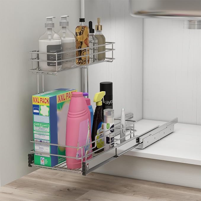 Under Sink Organizer 9" W X17 D, Pull Out Cabinet Organizer 2 Tier, Under Sink Slide Out Chrome Plated, Under Kitchen Bathroom Sink Organizer, Pantry Cabinet Closet Organization Rack, 2 Pack