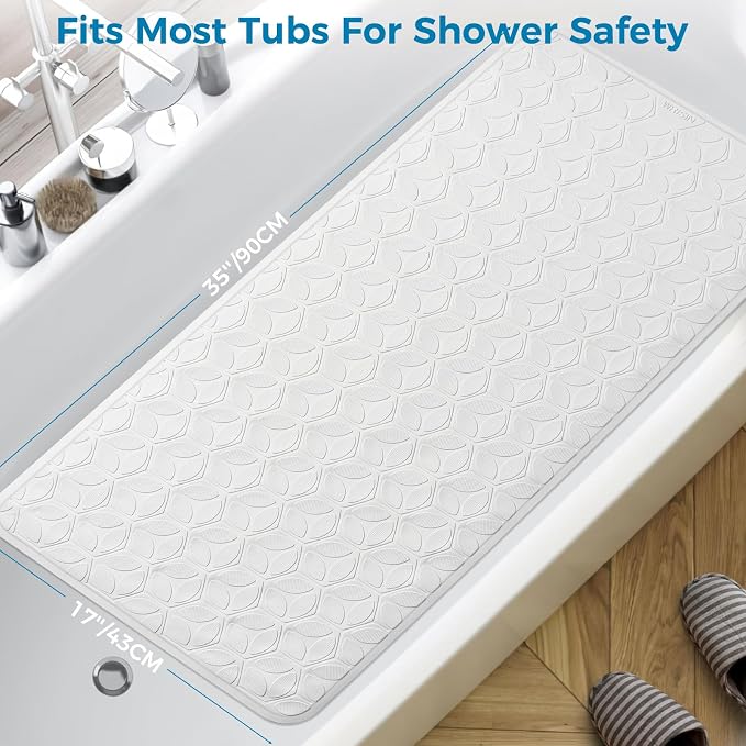 Bathtub Mat Non Slip with Suction Cups - 100% Rubber Bathroom Mat Textured for Bath Tub Shower Safety - Soft on Touch - BPA/PVC Free - Pet Dog Bath Mat - Machine Washable - 17 × 35 Inch（White）