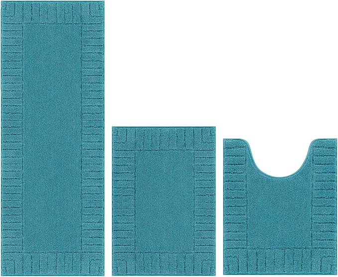 Pauwer Bathroom Rugs Sets 3 Piece Non Slip Machine Washable Bathroom Shower Rugs with U-Shaped Contour Toilet Mat Plush Shaggy Absorbent Microfiber Bath Mat Set, Aqua Blue