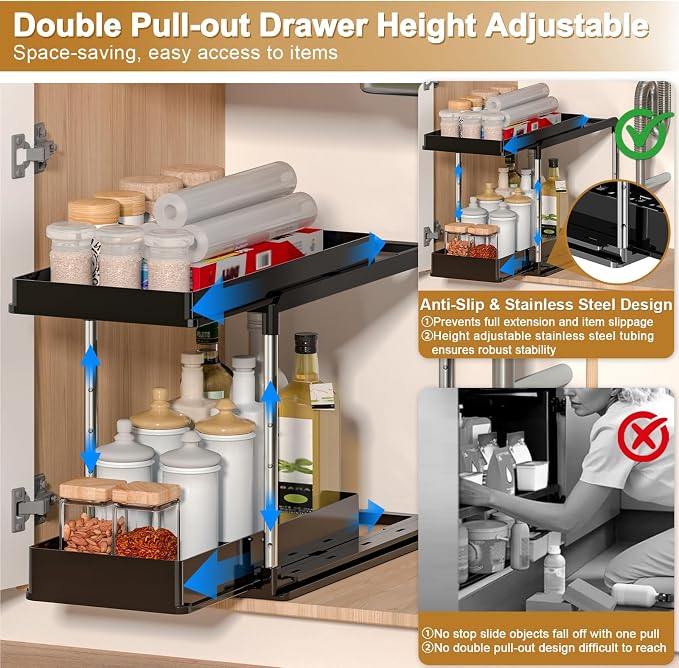 NIUXX Expandable Under Sink Organizer: 2 Tier Height Adjustable Under Cabinet Organizer - Double Pull Out Shelf Under Sink Storage for Kitchen - Bathroom and Laundry Room - Space Saving