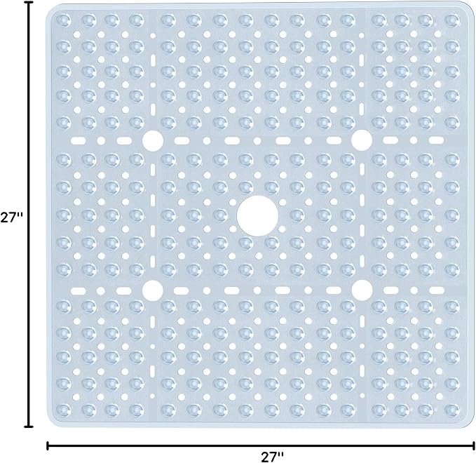Large Square Shower Mat 27 x 27 Inch Clear, Non Slip Shower Bathtub Mats for Inside Shower With Big Suction Cups Drain Holes, Anti Slip Bathroom Floor Shower Stall Mats, Easy Clean, BPA-Free