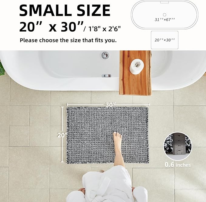 TYUU Black and White Bathroom Rugs, Waffle Bath Mat Non Slip Washable Super Absorbent Quick Dry Boho Farmhouse Bathroom Decor, 30"x20" Black and White