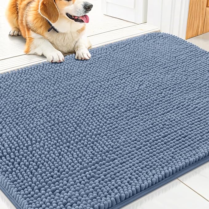 Smiry Dog Door Mat for Muddy Paws 30x20, Absorbent Dirt Trapper, Non-Slip Washable Chenille Entryway Rug for Inside Floor, Airy Blue, Classic Solid