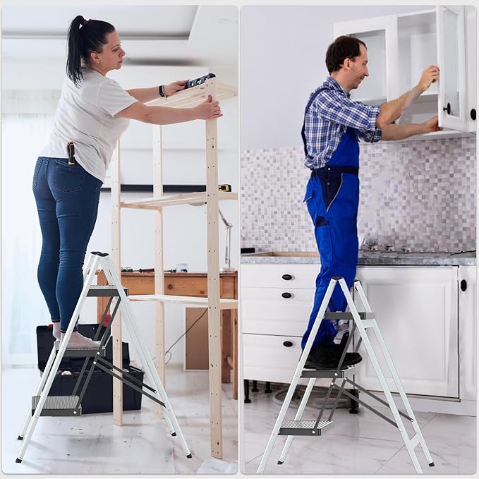 DIAMONDFORGE 3 Step Ladder, Lightweight Folding Step with Wide Anti-Slip Pedal & Feet, 330 lbs Capacity,Sturdy Steel Step Ladder for Home,Office and Library,Gray Black