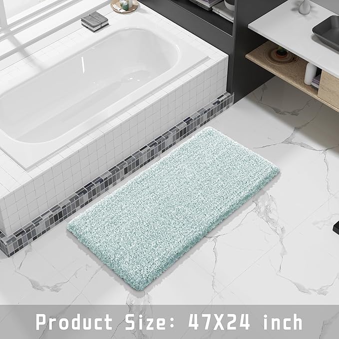 Yimobra Luxury Bathroom Rugs, Fluffy Bath Mats, Non Slip, Water Absorbent Microfiber, Machine Washable, Plush Runner Shower Rugs, Thick Matts for Bathroom Floor/Tub, 47"x 24", Sky Light Blue and White