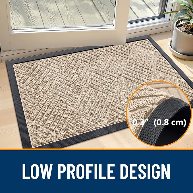 OLANLY Front Door Mat Outside Entrance 29.5x17, Absorbent, Heavy Duty Sturdy Natural Rubber Doormat Indoor Outdoor, Stain Fade Resistant, Non-Slip Low Profile Floor Mat Entryway, Latte White Diamond