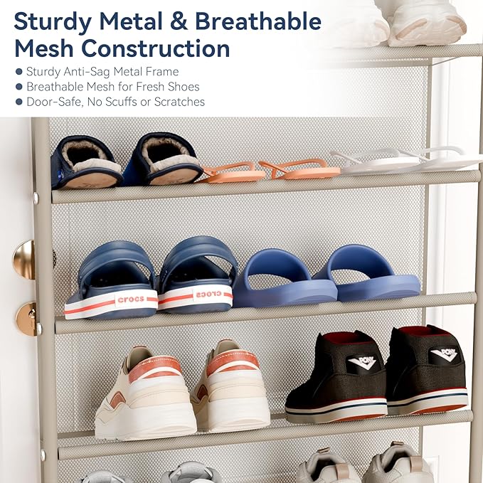 Whitmor 36 Pair Over The Door Shoe Organizer, 12 Tier Hanging Shoe Organizer, Heavy Duty Metal & Mesh Shoe Holder, Hanging Shoe Rack for Closet Organizer & Storage, 74" L x 21.7" W x 7.5" H, Mocha