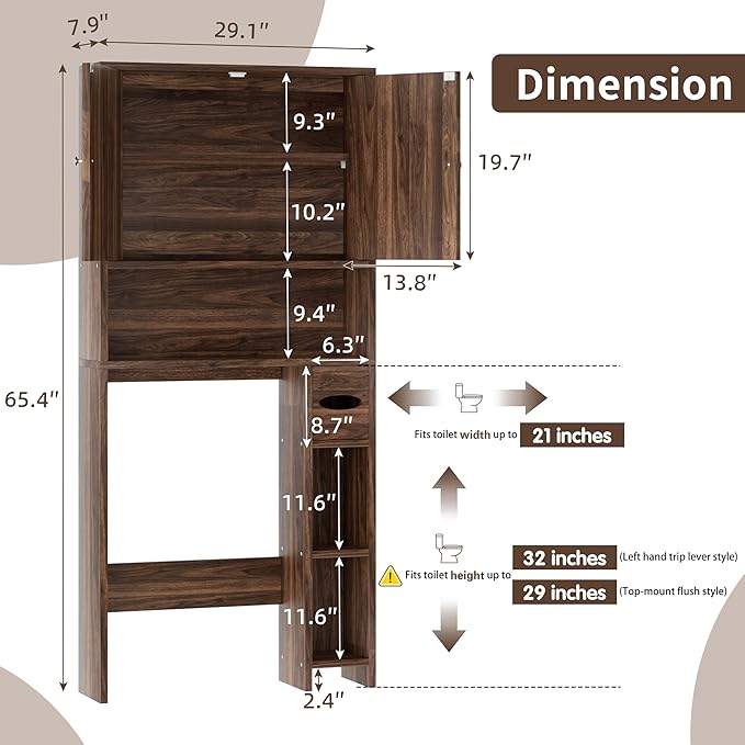 Shintenchi Over the Toilet Storage Cabinet, Bathroom Storage Cabient with Barn Doors, Bathroom Storage Shelf Organizer with Toilet Paper Holder, Adjustable Shelf and Anti-Tip Device, Walnut