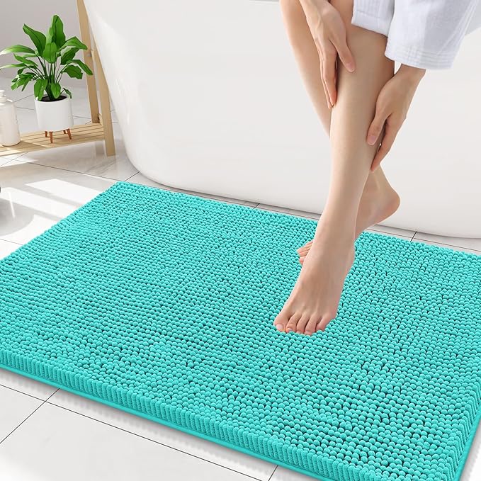 Smiry Luxury Chenille Bathroom Rugs 34x21, Extra Soft and Absorbent Shaggy Bath Mat, Machine Washable, Non-Slip Plush Carpet Runner for Tub, Shower, and Floor, Home Decor Accessories, Turquoise
