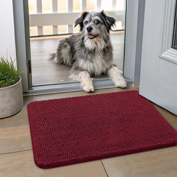 Smiry Dog Door Mat for Muddy Paws 24x16, Absorbent Dirt Trapper, Non-Slip Washable Chenille Entryway Rug for Inside Floor, Burgundy, Classic Solid