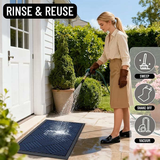 OLANLY Front Door Mat Outside Entrance 71x23, Absorbent, Heavy Duty Sturdy Natural Rubber Doormat Indoor Outdoor, Stain Fade Resistant, Non-Slip Low Profile Floor Mat for Entryway, Navy Blue Diamond