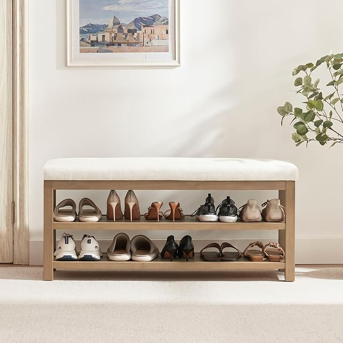 Zihanhome 2 Tier Shoe Rack Bench with Cushion, Solid Wood Shoe Benches, Mid-Century Modern Shoe Storage Bench for Entryway, Hallway, Living Room, Closet, Front Door Entrance, (Beige, 46.5")