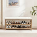 Zihanhome 2 Tier Shoe Rack Bench with Cushion, Solid Wood Shoe Benches, Mid-Century Modern Shoe Storage Bench for Entryway, Hallway, Living Room, Closet, Front Door Entrance, (Beige, 46.5")