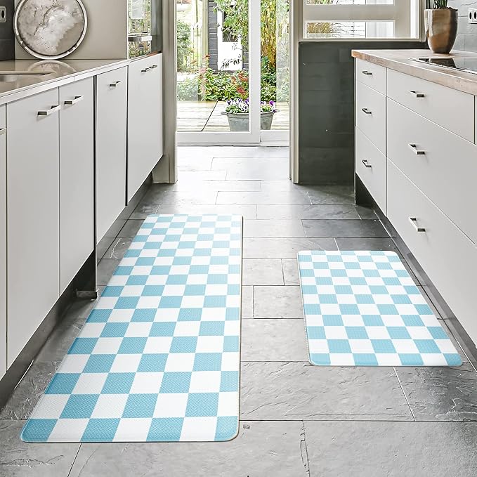 Sky Blue Checkered Grid Checkerboard Kitchen Rug Sets [2 PCs], Anti-Fatigue, Waterproof Non-Slip Kitchen Mats Heavy Duty Ergonomic Comfort Foam Rug for Floor, Home, Laundry,17"x29"+17"x47"