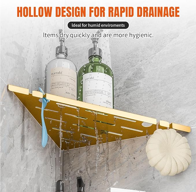 Shower Corner Shelf with Razor Hole, 304 Stainless Steel, Gold, No Drilling, Modern Style Bathroom Caddy Organizer for Tile Wall, 2 Pack