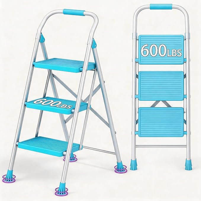 Step Ladder Foldable Folding Stool - for Home Adults Kitchen 3 Stepping Extension Tall Heavy Duty with Handrails - Closet Stepstool Stair Ladders Extendable Stepladder for Indoor House 600Lbs