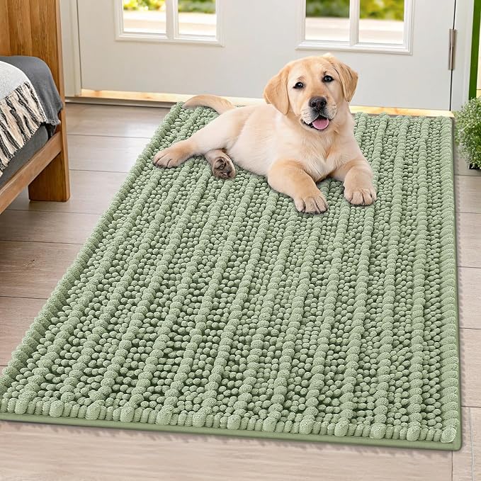Smiry Dog Door Mat for Muddy Paws 40x32, Absorbent Dirt Trapper, Non-Slip Washable Chenille Entryway Rug for Inside Floor, Sage Green, Layered Pattern
