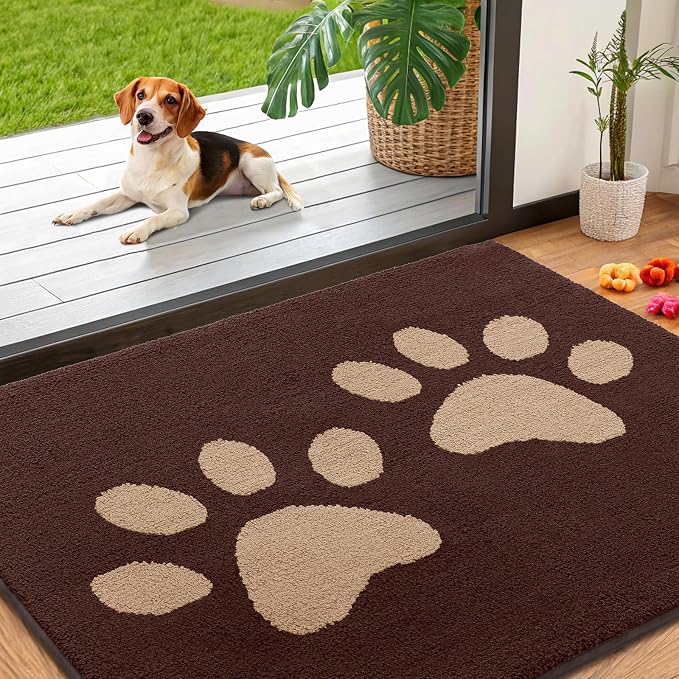 Smiry Dog Door Mat for Muddy Paws, Absorbs Moisture and Dirt, Low-Profile Entryway Mat with Non-Slip Backing, Entry Indoor Outdoor Doormat for Inside Floor (40x32 Inches, Brown, Paw