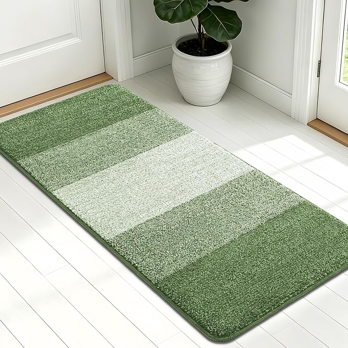 Kitinjoy Indoor Outdoor Door Mat, 54x24 Non-Slip Absorbent Dirt Trapper, Low-Profile Washable Inside Entrance Front Floor Mat, Sturdy Soft Entry Doormats for Entryway, Green
