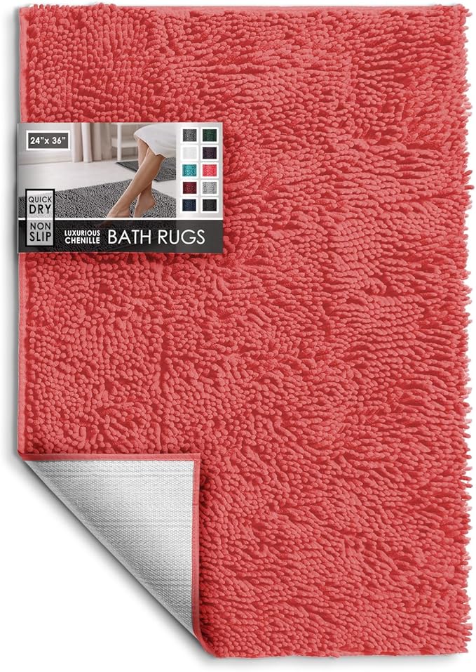 Hearth & Harbor Bathroom Rugs, Chenille Bath Mat - Machine Washable Bath Mats for Bathroom Non-Slip Backing Rubber, Quick Dry Bathroom Mat - Rose 24x36