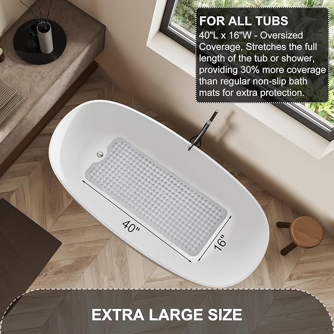 TEESHLY Upgrade Bath Tub and Shower Mats, Non Slip 40 x 16 Inch Extra Large Bathtub Mat, Machine Washable Bathmat with Drain Holes, Suction Cups for Bathroom Floor, Clear Gray