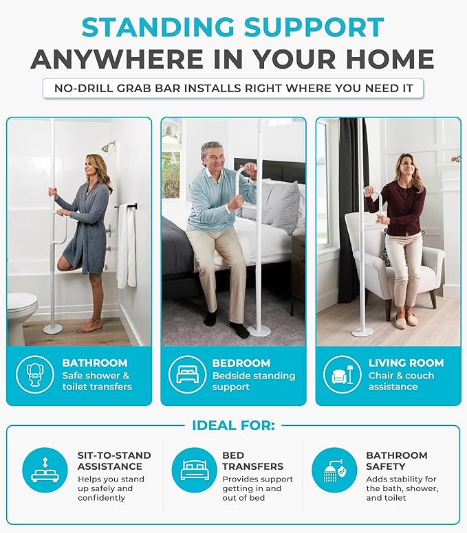 Stander Single Handle Non-Rotating Floor to Ceiling Grab Bar, No-Drill Tension Mounted Transfer Pole for Seniors, Bath Safety & Bedside Assist Rail for Home Standing Support & Fall Prevention, White
