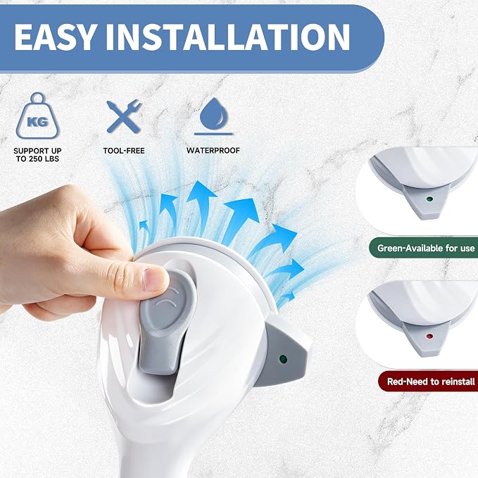 Suction Cup Grab Bars 16.5 Inch, 2 Pack Anti Slip Bathroom Grab Bar, No Drill Handicap Grab Bars, Removable Safety Support Handrail, Assist Bath Shower Handle for Elderly Injury Senior 1.37" Dia