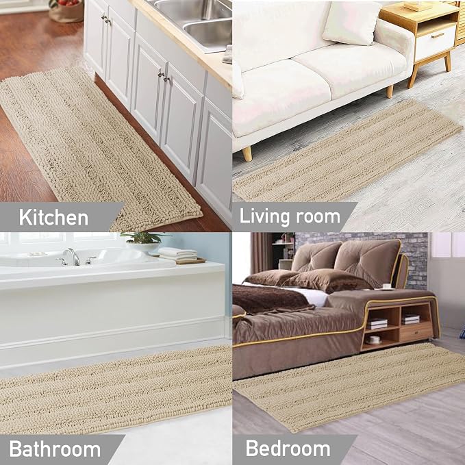 Turquoize Bathroom Runner Area Chenille Rug Oversize Non-Slip Shag Kitchen Shower Bath Mat Extra Long Fog Striped Washable for Bathroom, Size 59" x 20", Fog