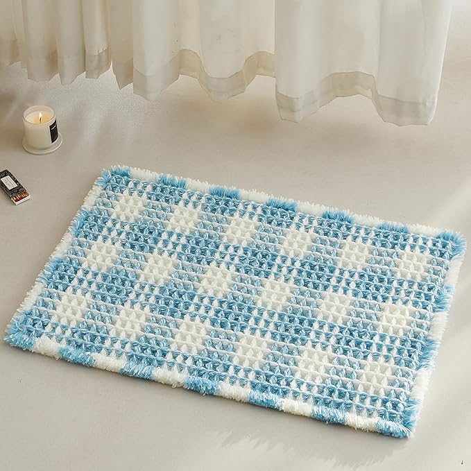 TYUU Waffle Bath Mat, Boho Bathroom Rugs Non Slip Washable Absorbent Checkered Bathroom Mat Quick Dry Cute Bath Mat, 24"x16" Blue and White