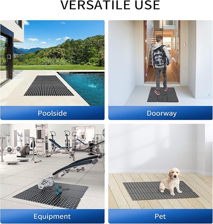 ROVSUN Rubber Floor Mat with Holes, Anti-Fatigue/Non-Slip Drainage Mat, for Industrial Kitchen Restaurant Bar Bathroom Utility Garage Pool Entry Door Mat, Indoor (36'' x 36'' Black 4Pcs)