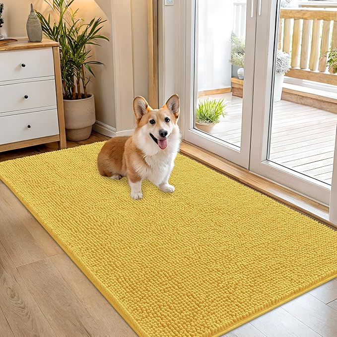 OLANLY Dog Door Mat for Muddy Paws 54x32, Absorbs Moisture and Dirt, Absorbent Non-Slip Washable Doormat, Quick Dry Chenille Mud Mat for Dogs, Entry Indoor Entryway Carpet for Inside Floor, Yellow