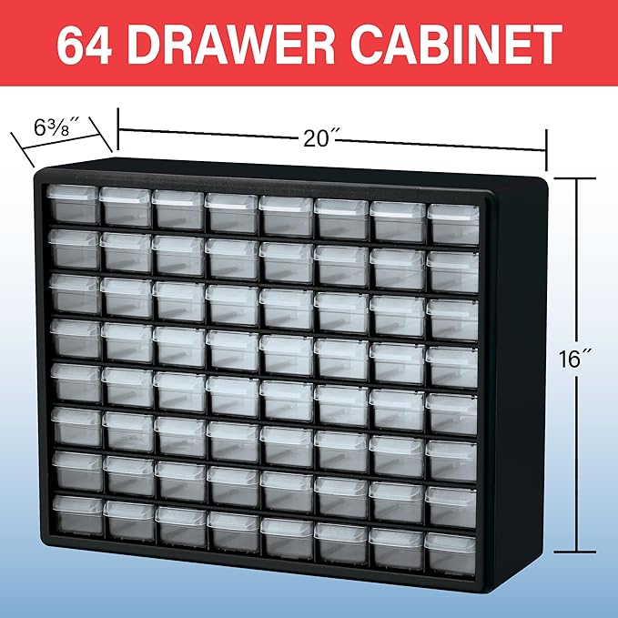 Akro-Mils 64-Drawer Plastic Drawer Storage Cabinet for Garage Organization, Bead Organizer, Building Bricks Storage, Teacher Toolbox, Makeup Organizer, 20" W x 6" D x 16" H, 10164 Red