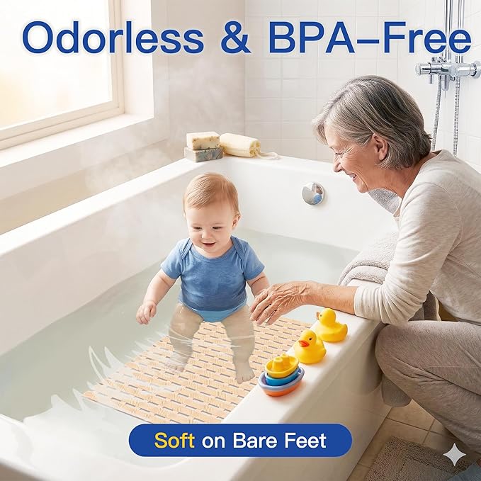 Non Slip Bathtub Mat - Shower Mats for Inside Shower, Rectangular PVC Tub Mat with 200+ Suction Cups for Safety, 27x16 Inch, Beige