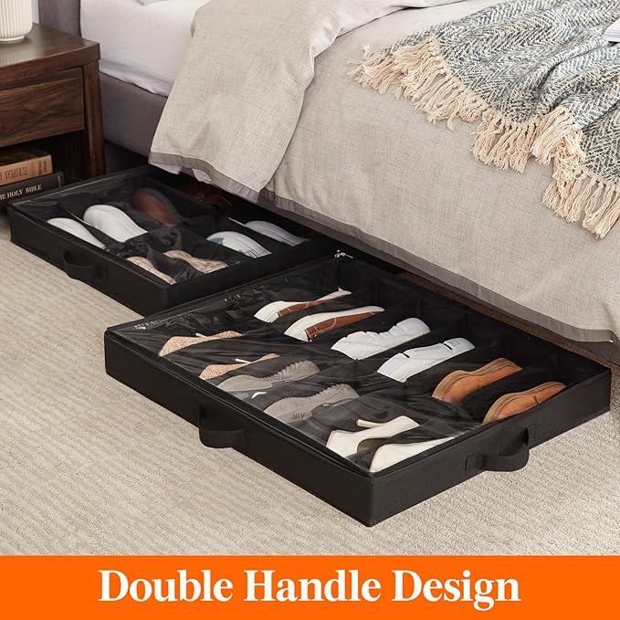 Lifewit Under Bed Shoe Storage Organizer 1 Pack(12 Shoes Cells), 4.3 Inches Profile Fabric Shoes Container Box with Clear Cover, Foldable Storage Bag with 2 Handles, Fits 6 to 12 Pairs