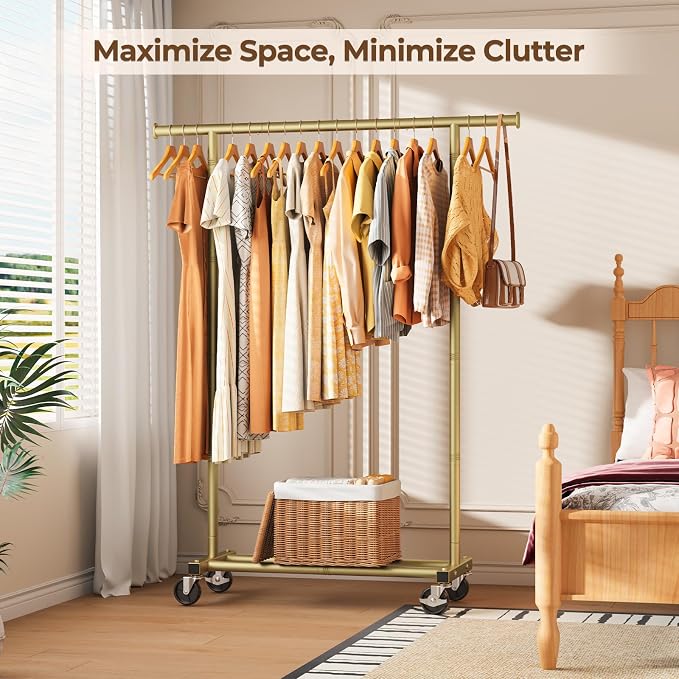 HYSEYY Clothes Rack, Clothing Rack for Hanging Clothes, Rolling Garment Rack Sturdy Coat Rack Portable Wardrobe Rack Metal Closet Rack for Bedroom Laundry Living Room, Gold