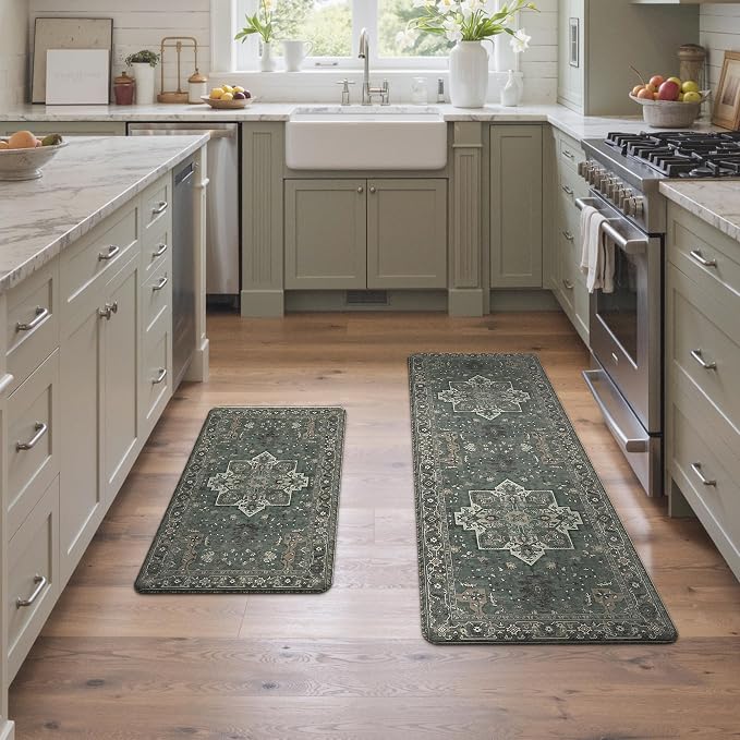 GENIMO Kitchen Mats for Floor 2PCs, Washable Anti Fatigue Mat for Cushioned, 17.3"x47"+17.3"x30", Waterproof Kitchen Rugs, Non Slip Comfort Standing Mat Rug for Home, Sink, Laundry, Forest Green