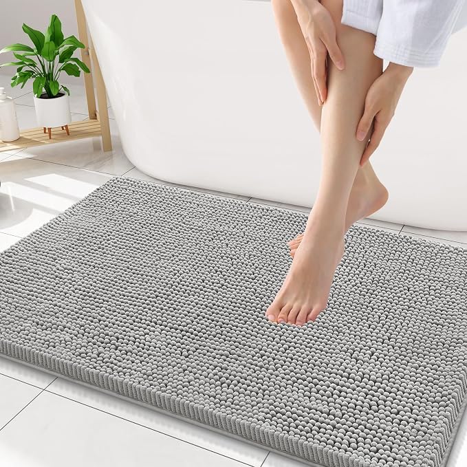 Smiry Luxury Chenille Bathroom Rugs 34x21, Extra Soft and Absorbent Shaggy Bath Mat, Machine Washable, Non-Slip Plush Carpet Runner for Tub, Shower, and Floor, Home Decor Accessories, Light Grey