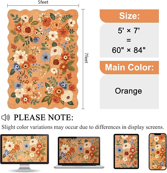 DUKINO 5x7 Area Rug, Floral Washable Rugs for Living Room with Non Slip Backing & Non-Shedding, Lightwight Low Pile Boho Design Large Carpets for Bedroom, Living Room, Dining Room, Orange