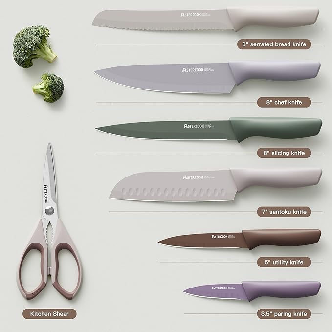 Astercook Knife Set, 13 Pieces Kitchen Knives Set with Healthy Anti-Rust Coating, Dishwasher Safe, Stainless Steel Chef Knife Sets with 6 Blade Guards, Fathers Day Gift for Men Morandi