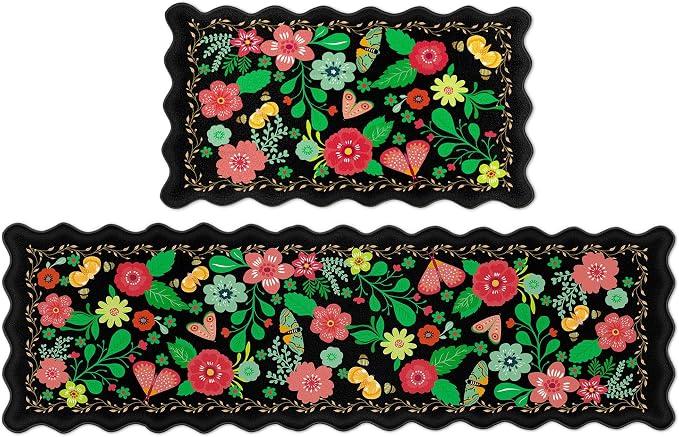 Arenarug Scalloped Black Kitchen Mats for Floor 2PC Cushioned Anti Fatigue Kitchen Mats Rugs Waterproof Non Slip Boho Floral Comfort Foam Standing Mat for Sink Laundry,17.3x30+17.3x59