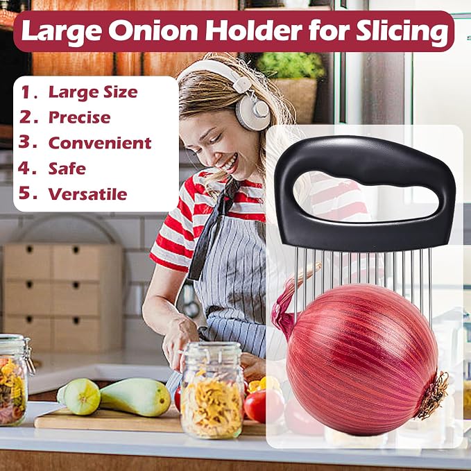 JAYVAR Extra-Large Onion Holder for Slicing, 304 Stainless Steel Onion Cutter Vegetable Chopper, Extra-Large Tomato Slicer with 16 Long Needles, Potato Slicer, Meat Tenderizer, Food Slicing Guide