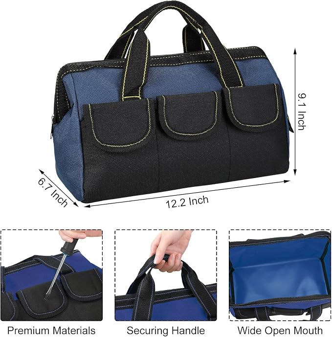 Sanwuta 3 Pack Tool Bag for Men with Waterproof Hard Bottom, Heavy Duty Tool Bag Wide Mouth Tote for Various Instrument, Electrician Carpenter Mechanic(Blue,13 Inch,Classic)