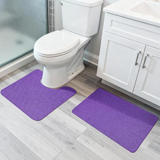 Bosap Bathroom Rugs Set 2 Pieces,Thin Bathroom Mats,Toilet Rugs,Quick Dry,Non-Slip,Machine Washable,Low Pile,Absorbent Bath Mats,Shower,Sink,Home Decor Accessories.Purple,1'5"x2'3"+1'8"x2" U Shape