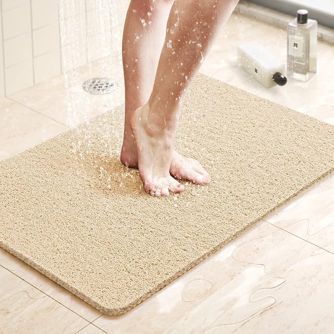 LuxStep Shower Mat Bathtub Mat,24x16 inch, Non-Slip Bath Mat with Drain, Quick Drying PVC Loofah Bathmat for Tub,Shower,Bathroom (Phthalate Free,Khaki)