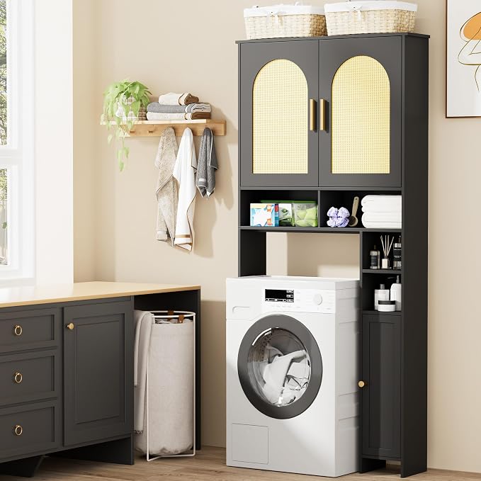 Homhedy 67" H Over The Toilet Storage Cabinet, Bathroom Organizer with Rattan Decorated Doors, Adjustable Shelves, Toilet Paper Holder, Space-Saving Bathroom Shelf for Small Spaces, Natural and Black