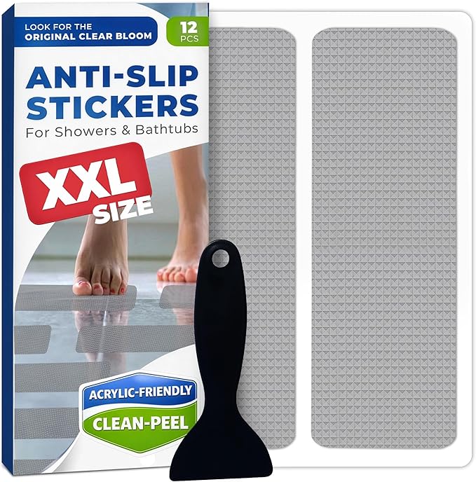 Clear Bloom XXL Anti Slip Shower Stickers 12 PCS, Gray Non-Slip Shower Strips for Adults, Premium Adhesive Bath Tub Stickers