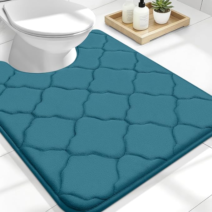 OLANLY Memory Foam Toilet Rugs U-Shaped 24x20, Ultra Soft and Absorbent Bathroom Rugs, Non-Slip, Comfortable, Machine Washable Contour Bath Mat for Toilet Base, Home Decor Accessories, Peacock Blue